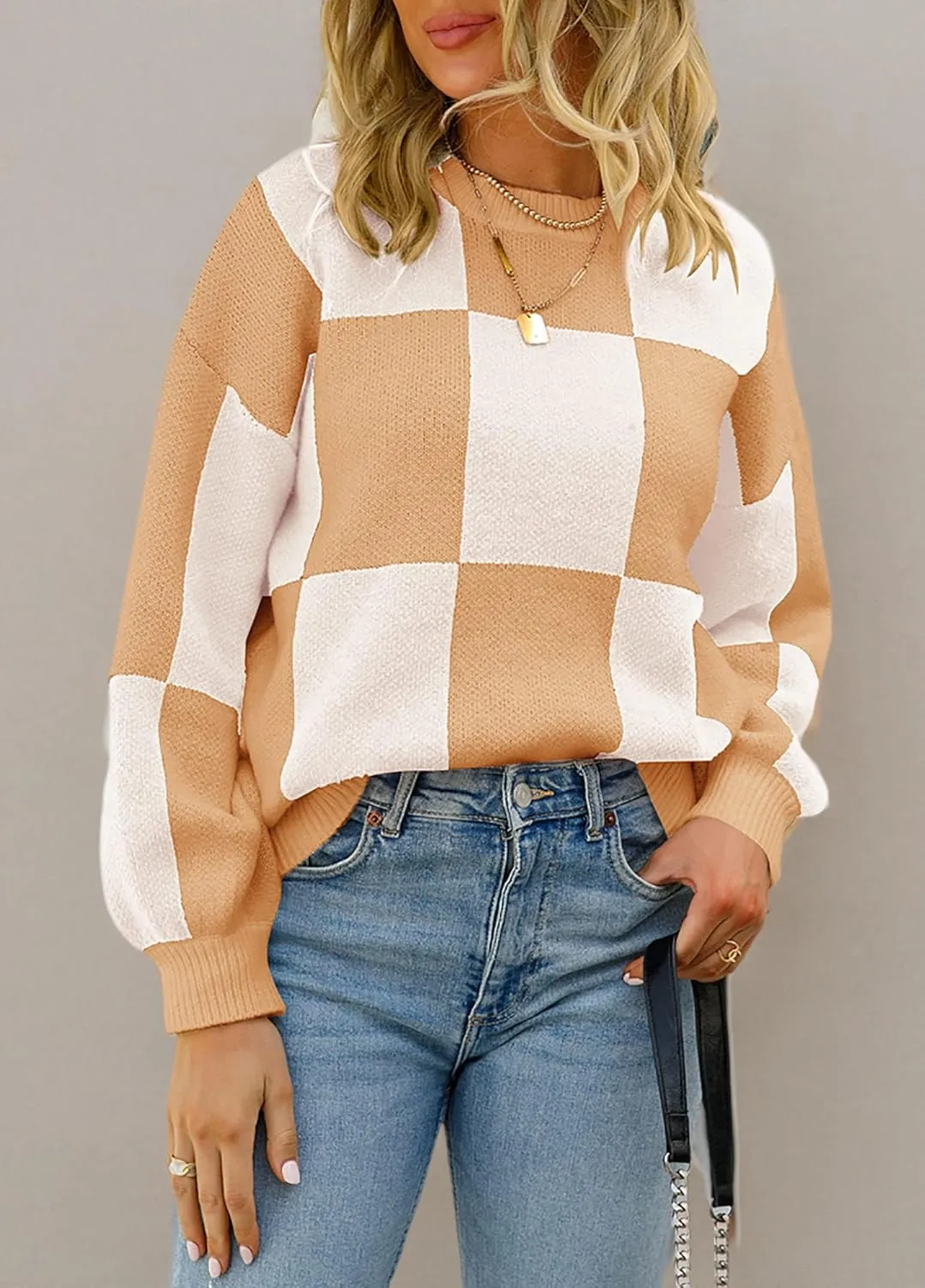CORIRESHA Women's Color Block Check Crew Neck Long Sleeve Chunky Casual Knit Pullover Sweater