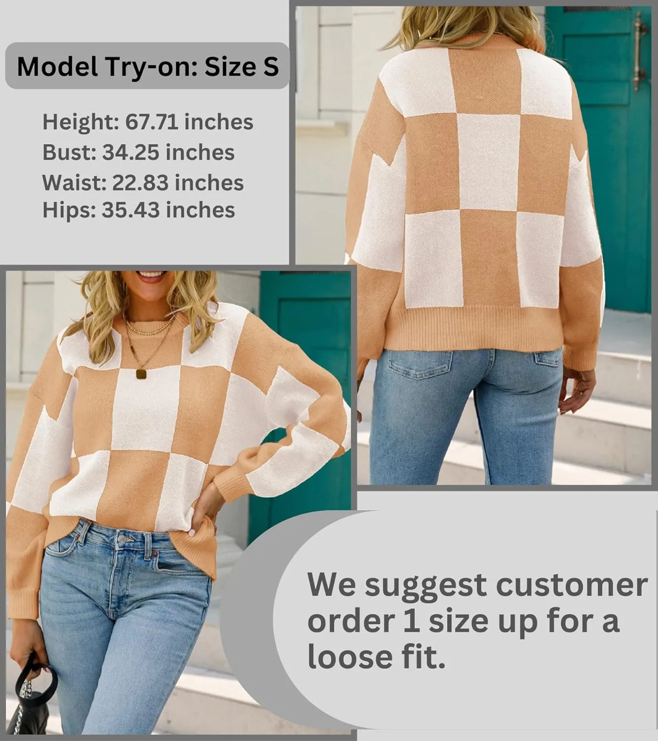CORIRESHA Women's Color Block Check Crew Neck Long Sleeve Chunky Casual Knit Pullover Sweater