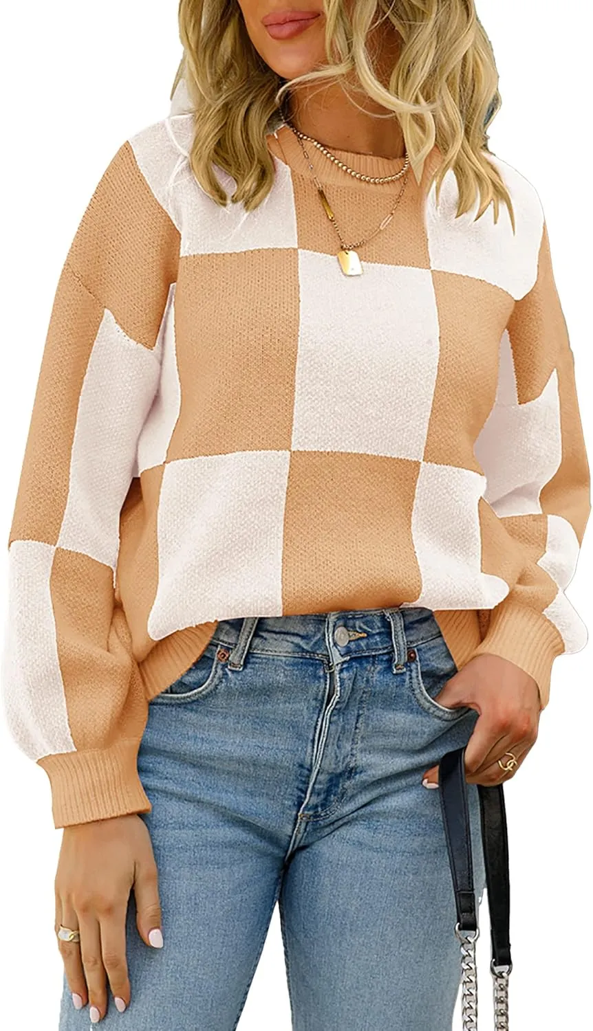 CORIRESHA Women's Color Block Check Crew Neck Long Sleeve Chunky Casual Knit Pullover Sweater