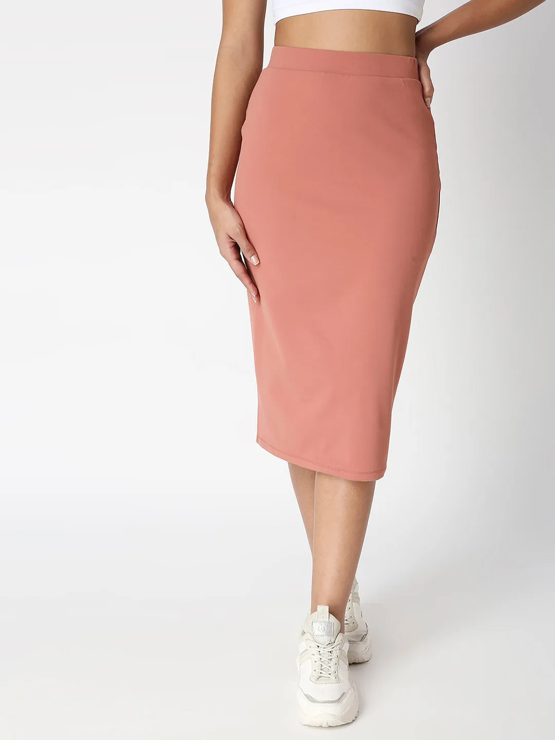 Disrupt Women Peach Back Slit Slim Fit Midi Skirt