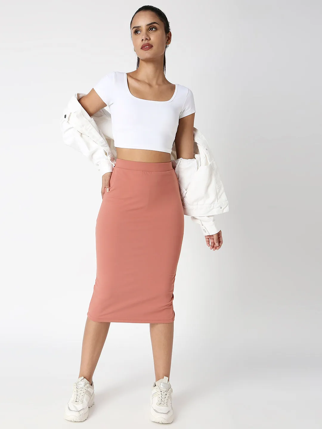 Disrupt Women Peach Back Slit Slim Fit Midi Skirt