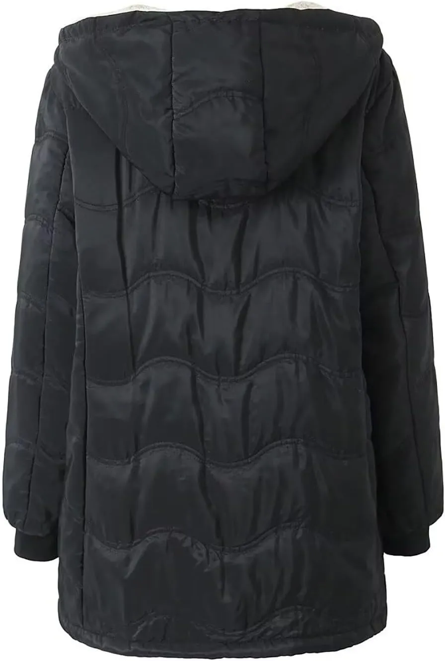 Fleece Lined Puffer Jackets for Women Mid-Length Quilted Hooded Down Coats Sherpa Lined Winter Warm Snow Jackets