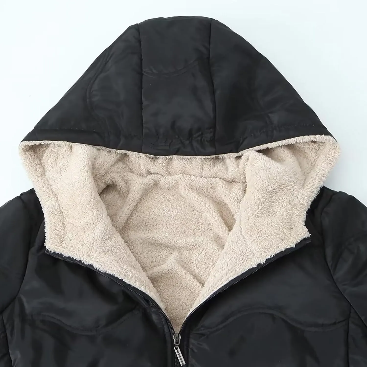 Fleece Lined Puffer Jackets for Women Mid-Length Quilted Hooded Down Coats Sherpa Lined Winter Warm Snow Jackets
