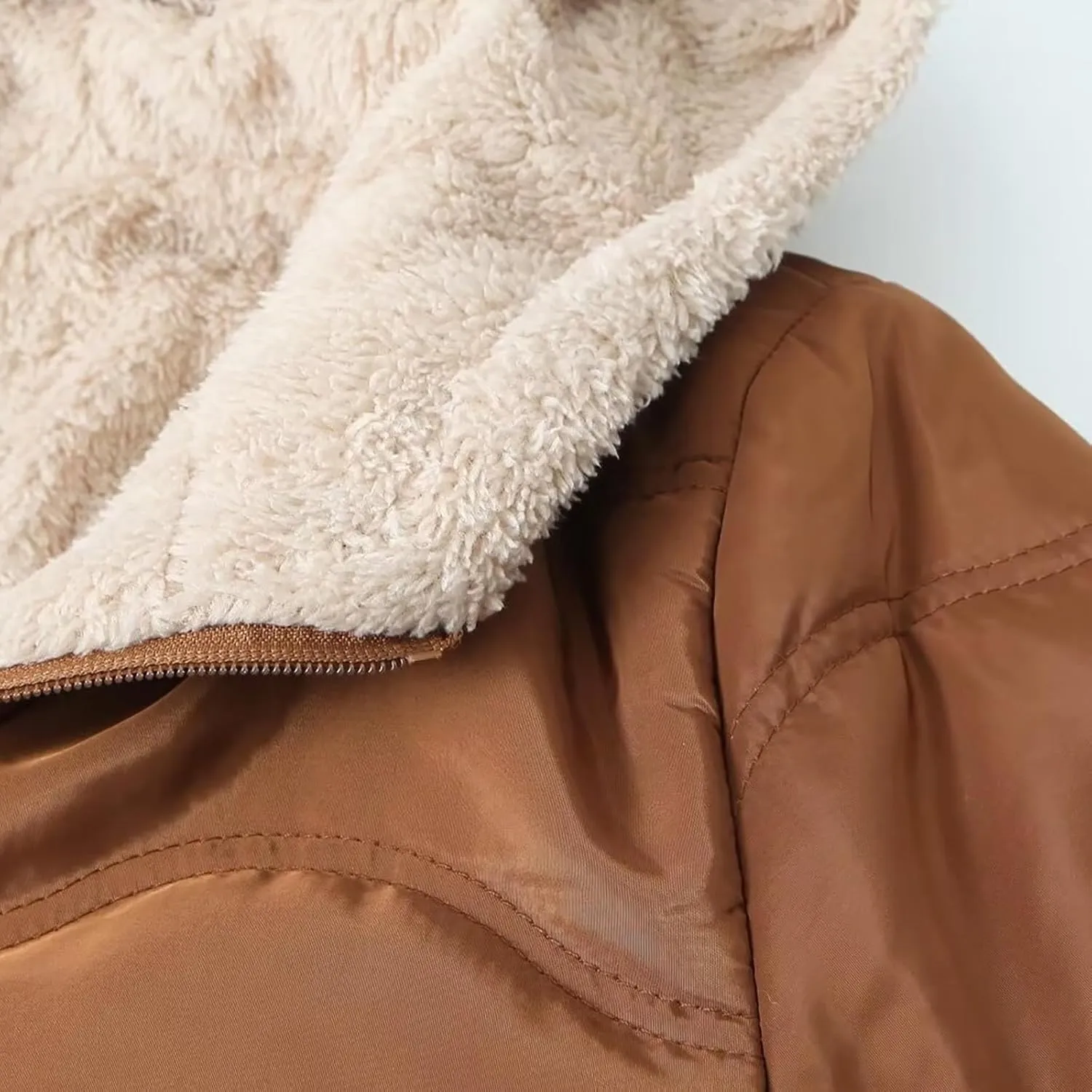 Fleece Lined Puffer Jackets for Women Mid-Length Quilted Hooded Down Coats Sherpa Lined Winter Warm Snow Jackets