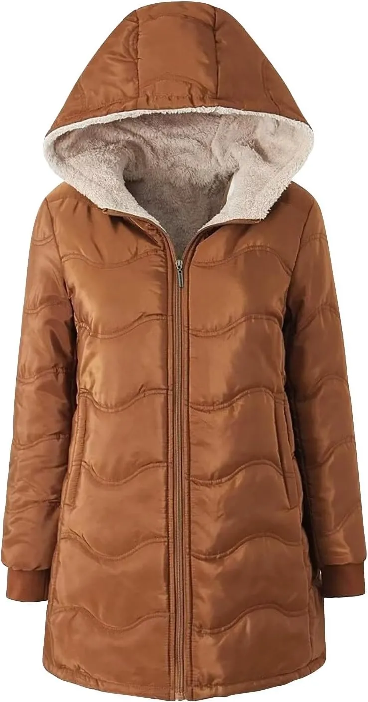 Fleece Lined Puffer Jackets for Women Mid-Length Quilted Hooded Down Coats Sherpa Lined Winter Warm Snow Jackets