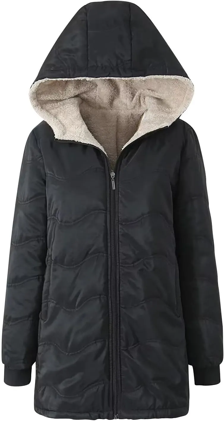 Fleece Lined Puffer Jackets for Women Mid-Length Quilted Hooded Down Coats Sherpa Lined Winter Warm Snow Jackets