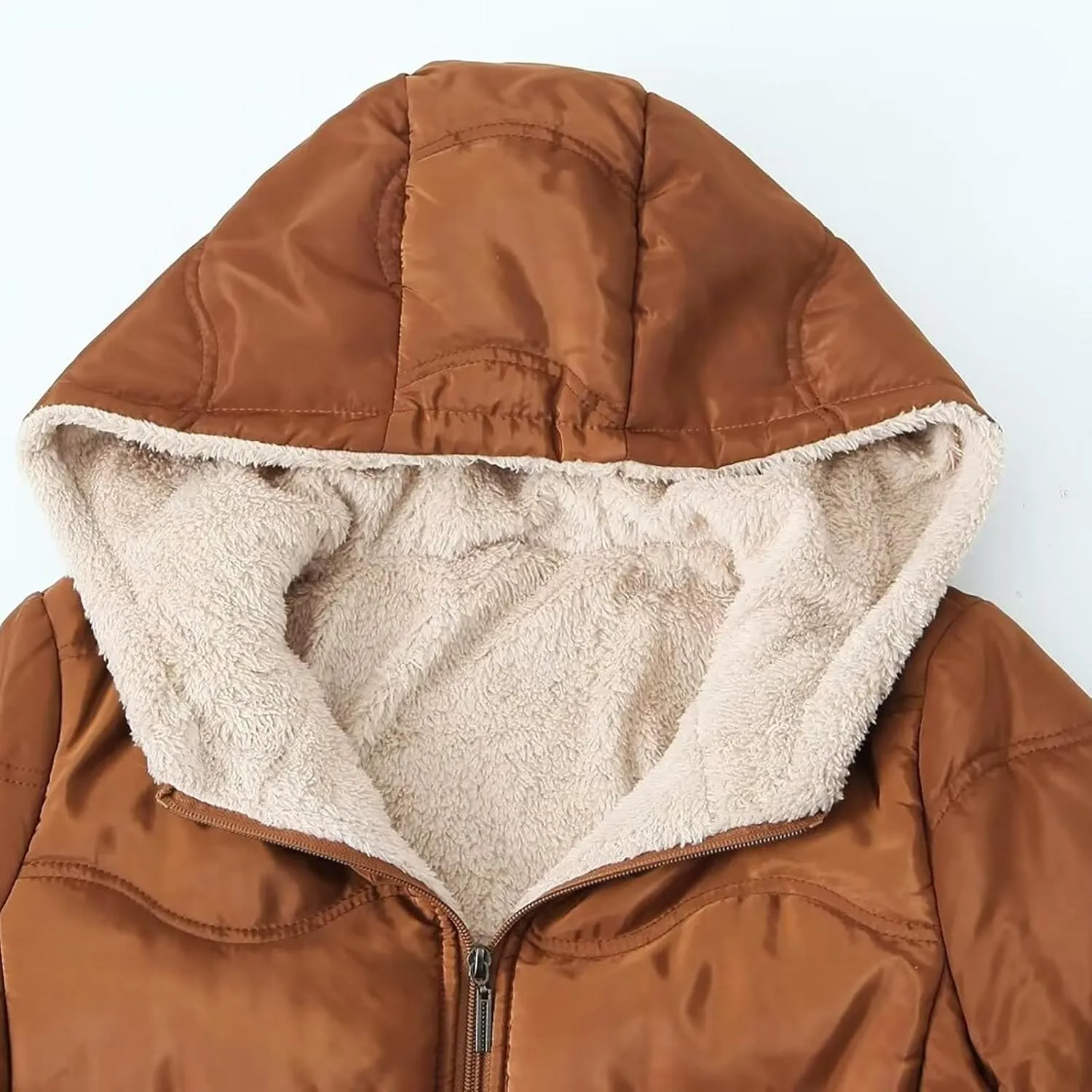 Fleece Lined Puffer Jackets for Women Mid-Length Quilted Hooded Down Coats Sherpa Lined Winter Warm Snow Jackets