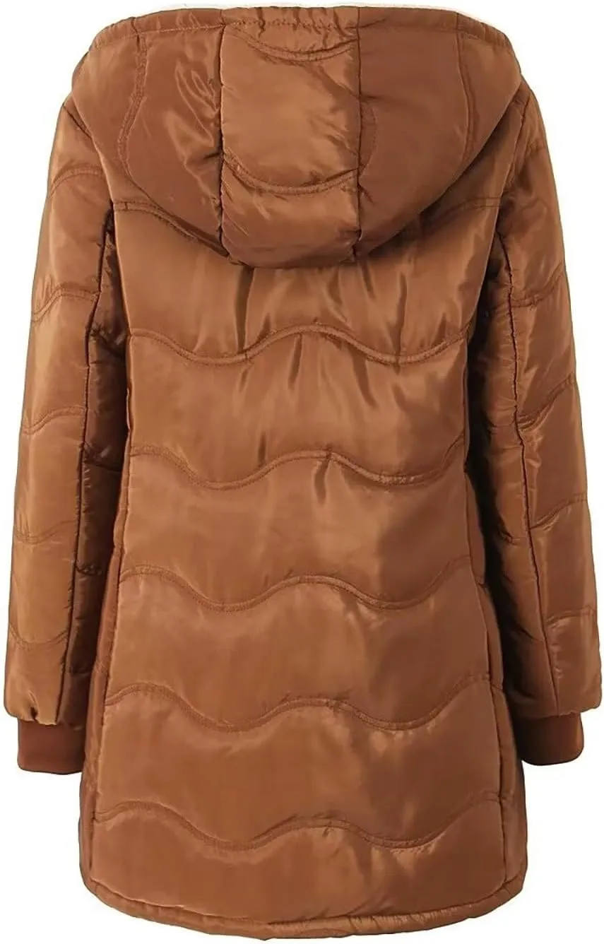 Fleece Lined Puffer Jackets for Women Mid-Length Quilted Hooded Down Coats Sherpa Lined Winter Warm Snow Jackets