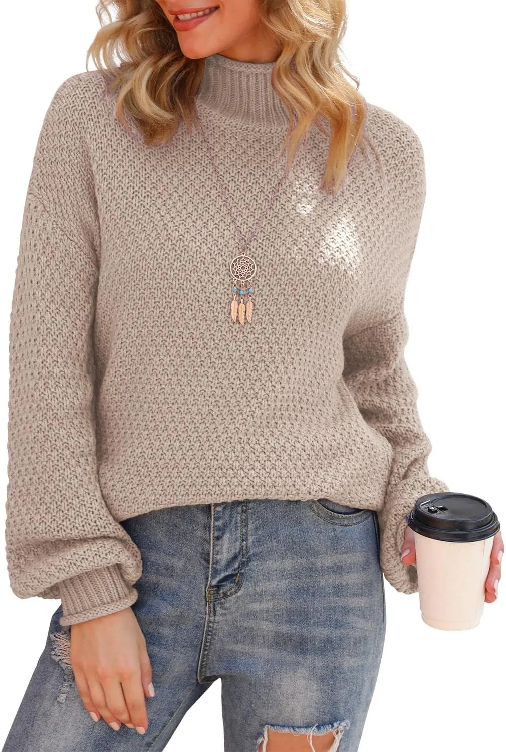 Jouica Women's Turtleneck Oversized Sweaters Batwing Long Sleeve Pullover Loose Chunky Knit Jumper
