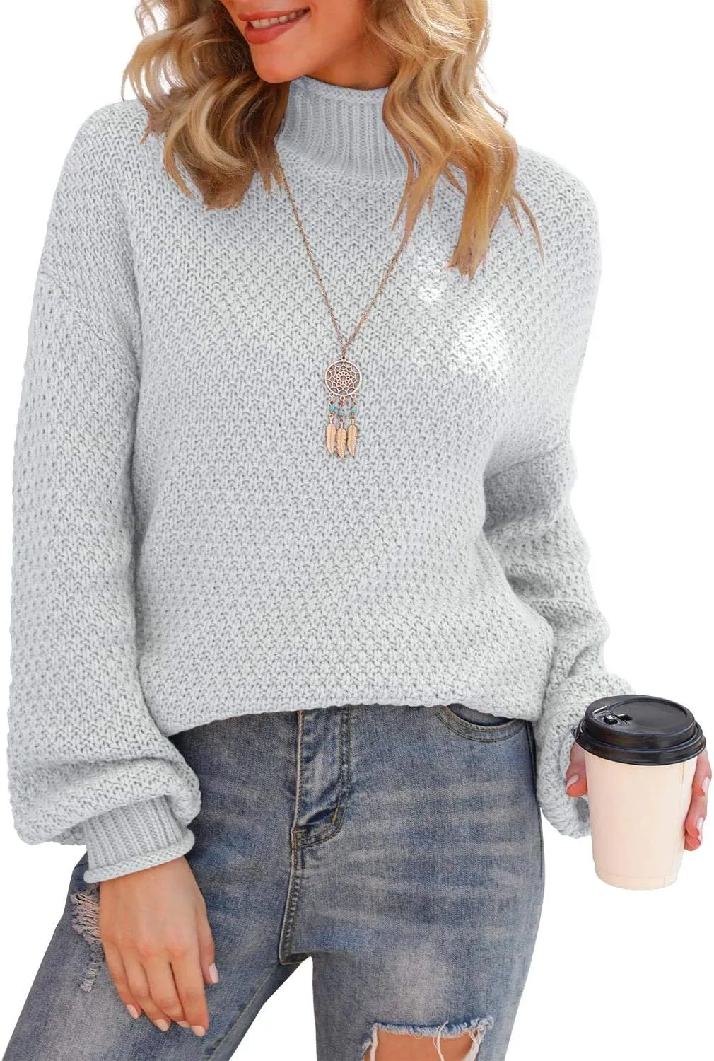 Jouica Women's Turtleneck Oversized Sweaters Batwing Long Sleeve Pullover Loose Chunky Knit Jumper