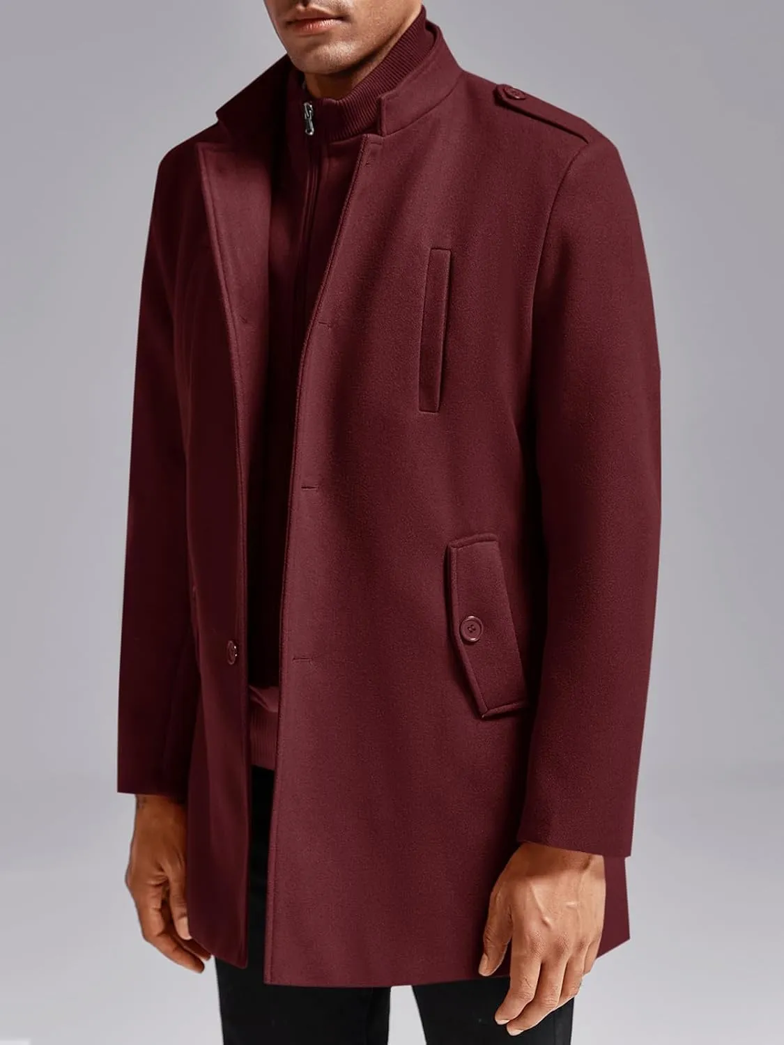 Karlywindow Mens Trench Coat Long Sleeve Stand Collar Single Breasted Pea Coat Casual Mid Long Slim Fit Overcoat with Pockets