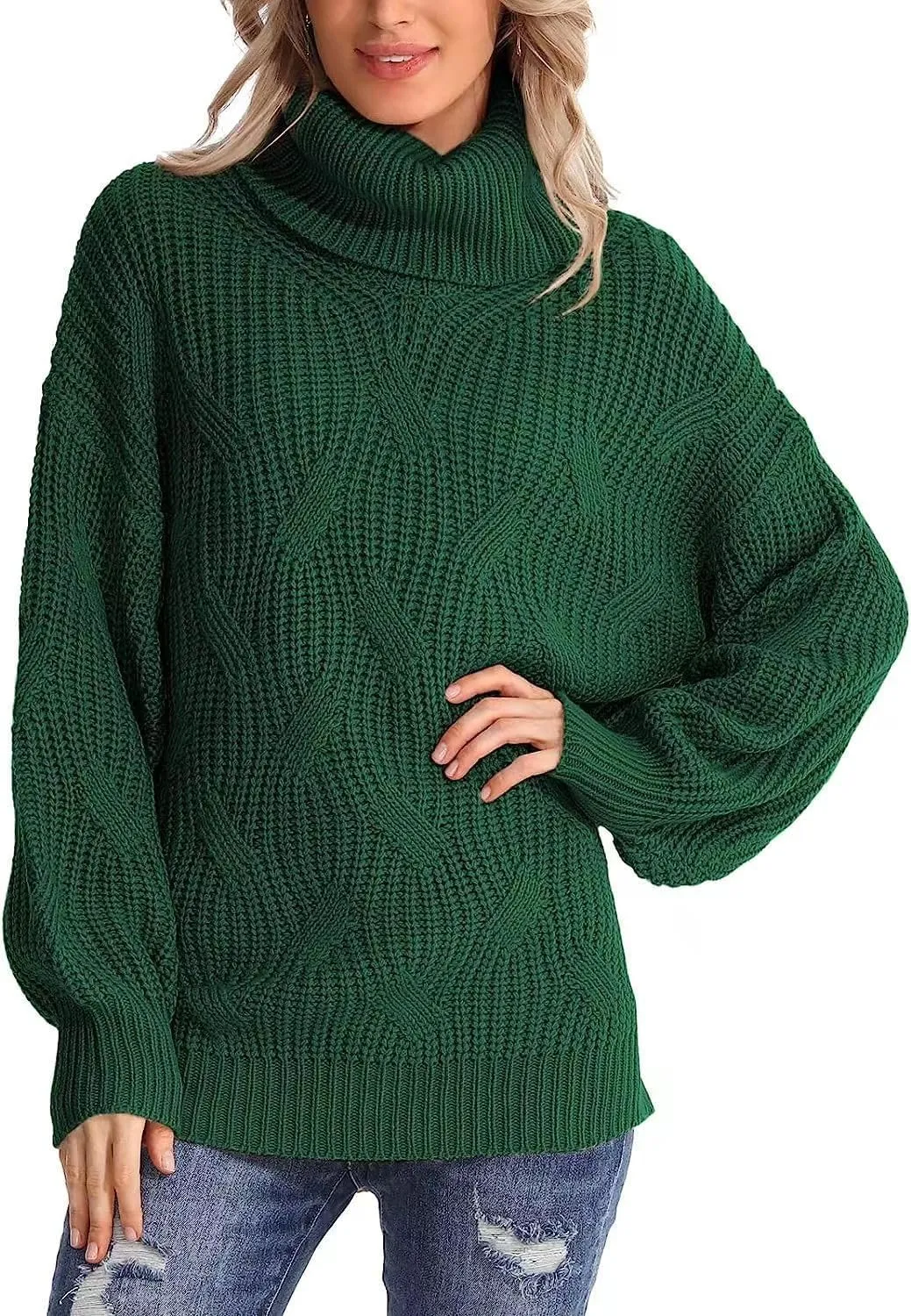 Melliflo Womens Oversized Turtleneck Long Sleeve Cable Knit Sweater Solid Loose Casual Cozy Chunky Pullover Tops