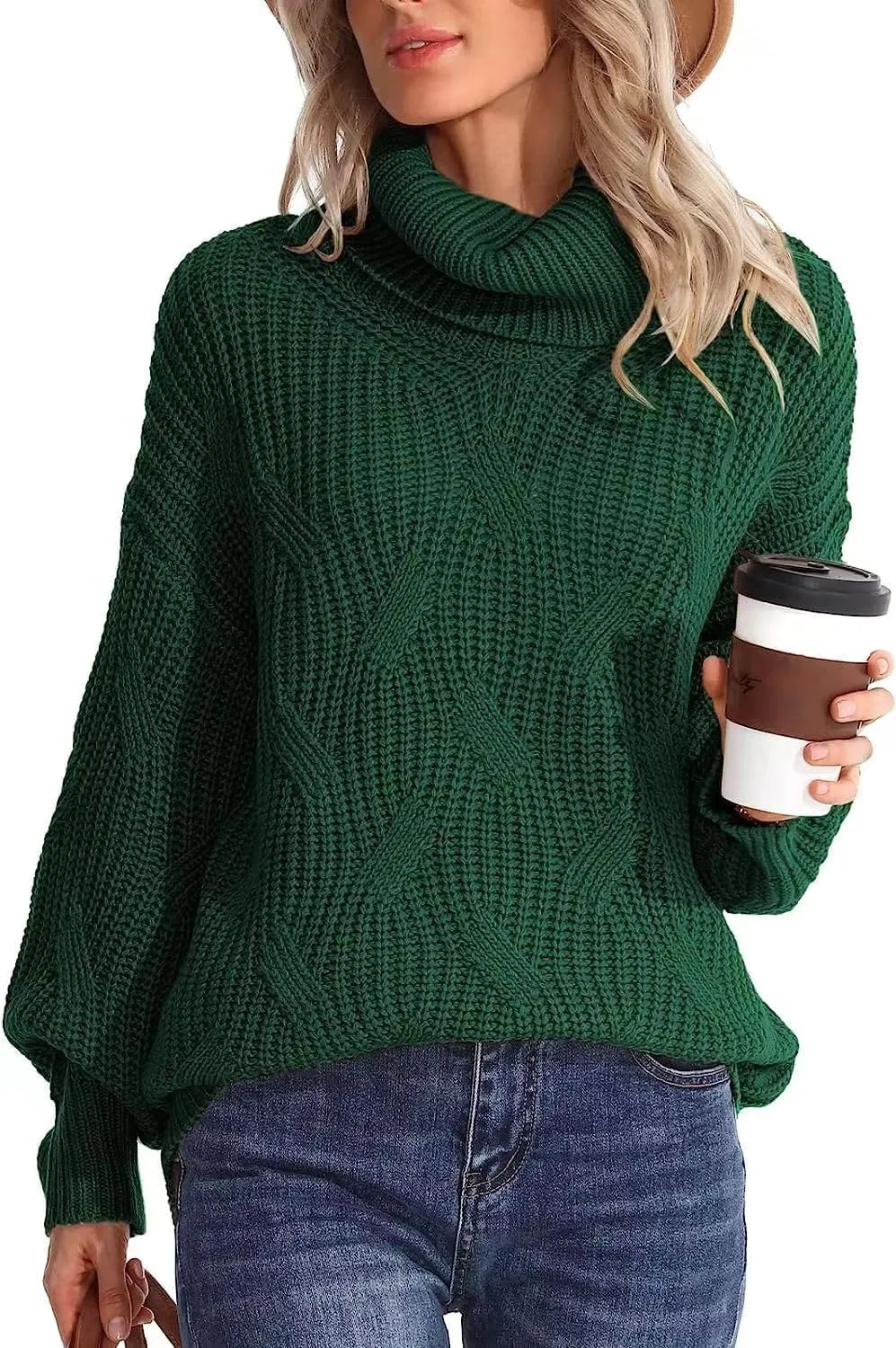 Melliflo Womens Oversized Turtleneck Long Sleeve Cable Knit Sweater Solid Loose Casual Cozy Chunky Pullover Tops