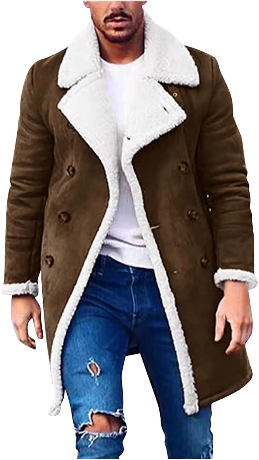 Men's Sherpa Lined Leather Coat Lapel Shearling Fur Long Coat Heavyweight Trench Coat Black Motocycle Bomber Jacket