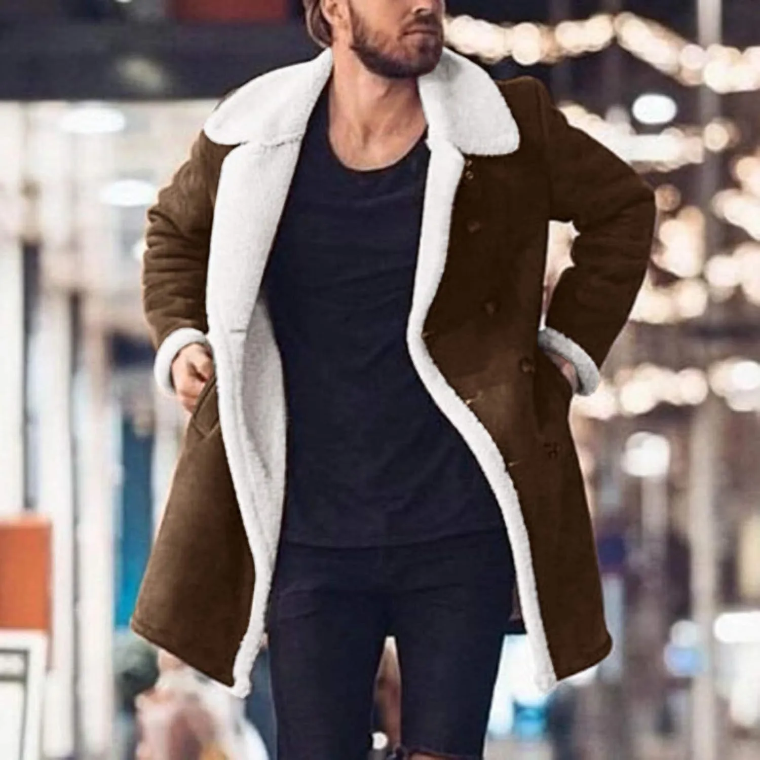 Men's Sherpa Lined Leather Coat Lapel Shearling Fur Long Coat Heavyweight Trench Coat Black Motocycle Bomber Jacket