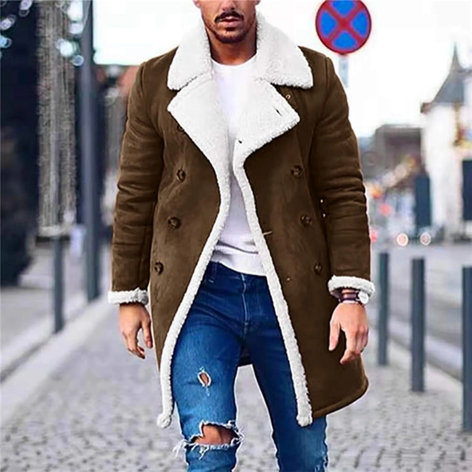 Men's Sherpa Lined Leather Coat Lapel Shearling Fur Long Coat Heavyweight Trench Coat Black Motocycle Bomber Jacket