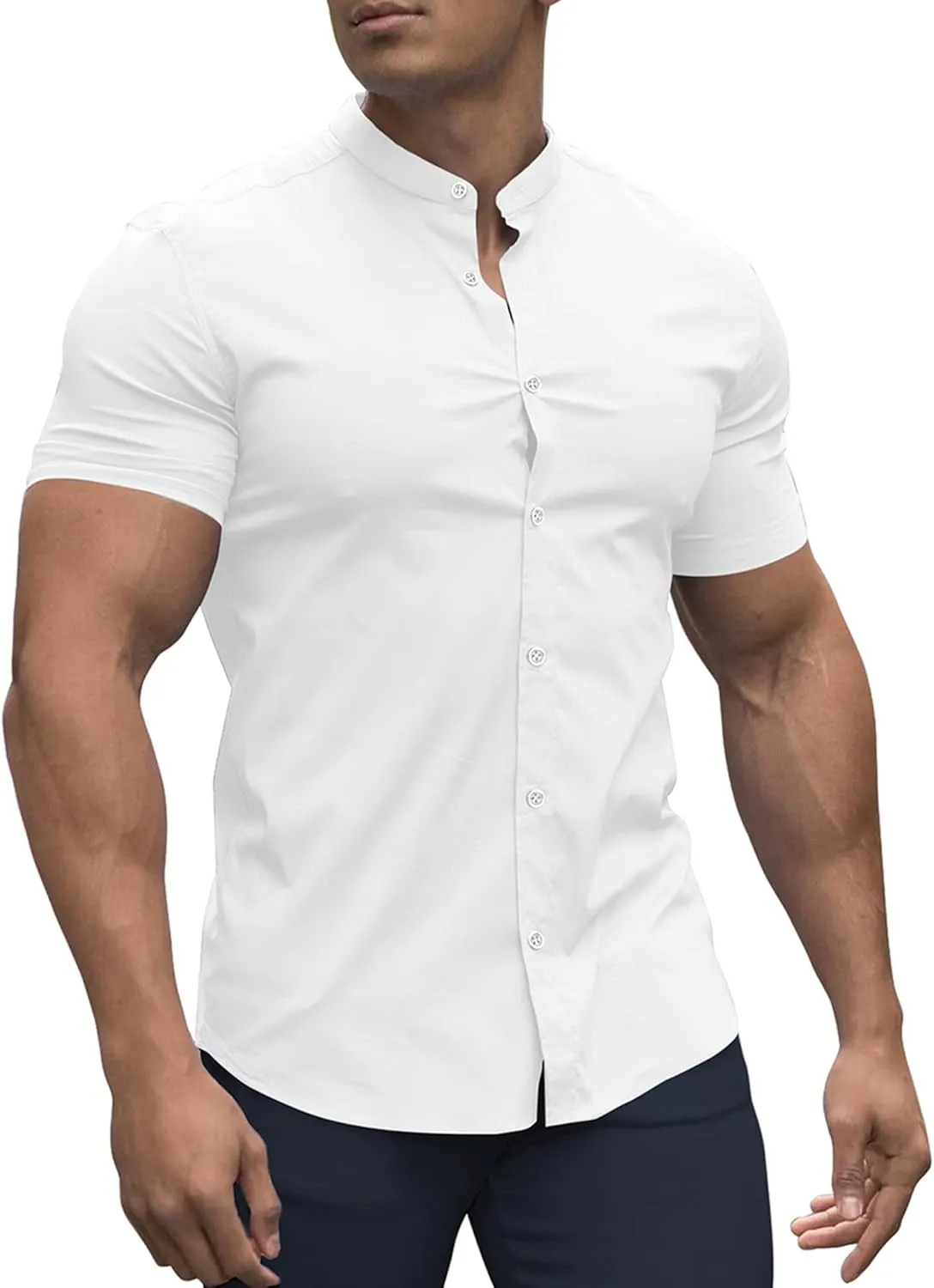 URRU Men's Muscle Dress Shirt Slim Fit Stretch Banded Collar Short Sleeve Casual Button Down Shirts White XL