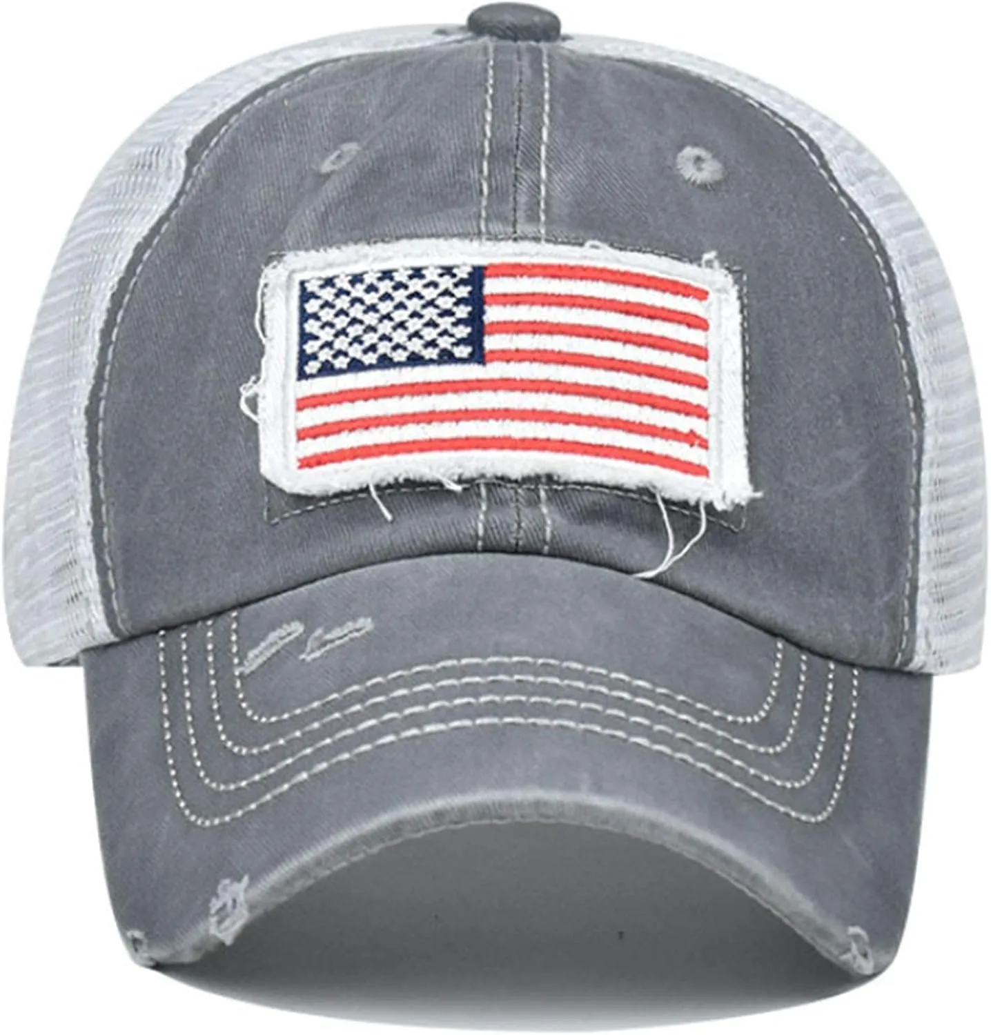 UTOWO Women Baseball-Caps Distressed-American-Flag Ponytail-High-Bun Trucker Dad-Hats
