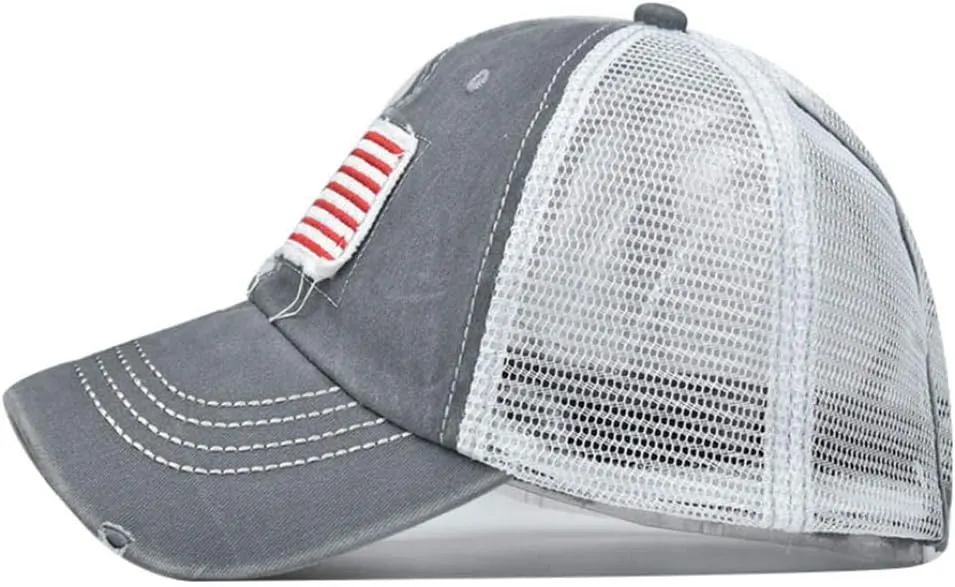 UTOWO Women Baseball-Caps Distressed-American-Flag Ponytail-High-Bun Trucker Dad-Hats