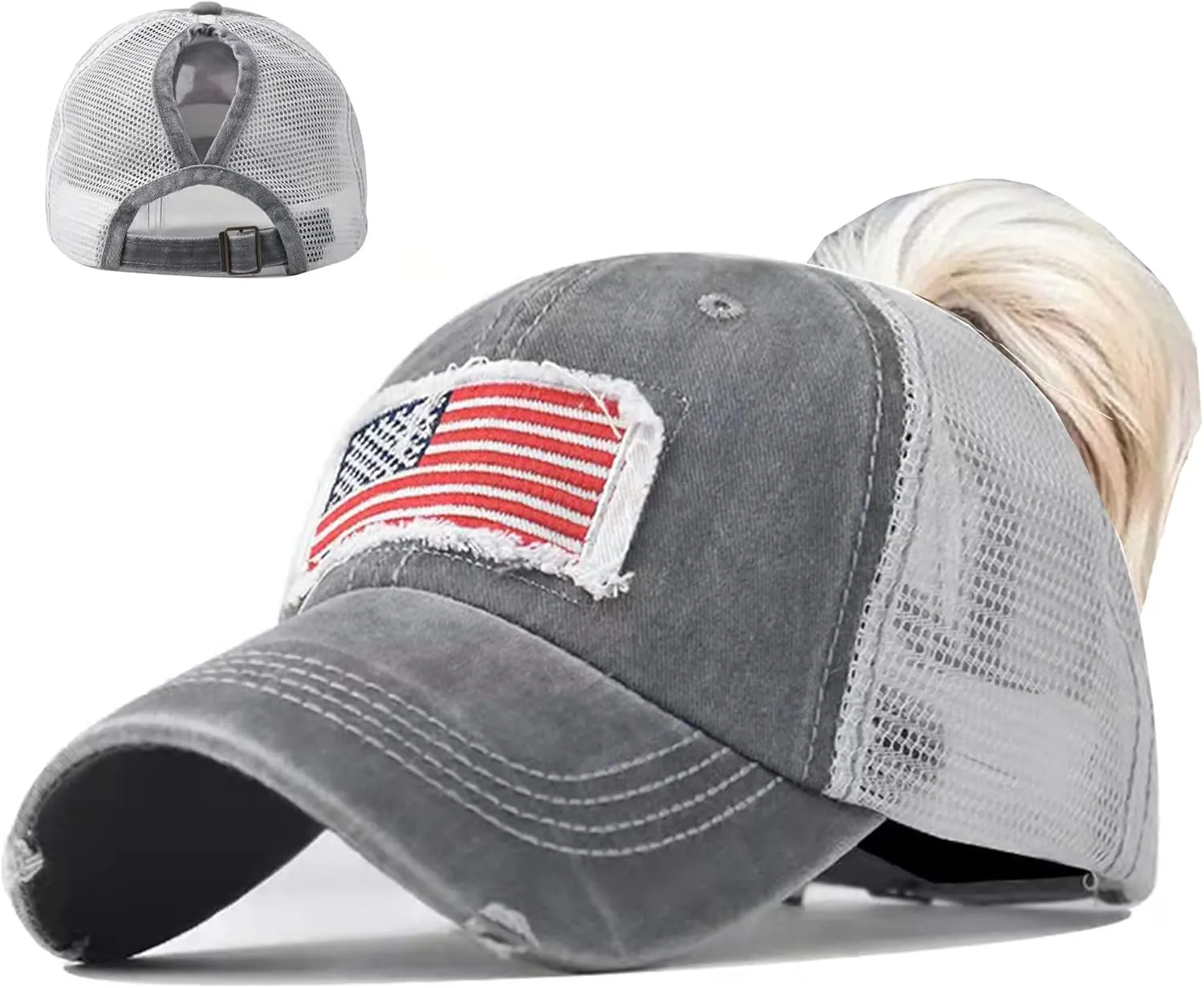 UTOWO Women Baseball-Caps Distressed-American-Flag Ponytail-High-Bun Trucker Dad-Hats