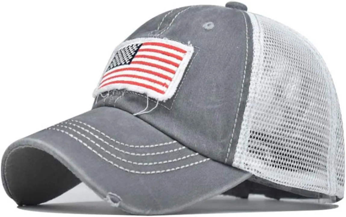 UTOWO Women Baseball-Caps Distressed-American-Flag Ponytail-High-Bun Trucker Dad-Hats
