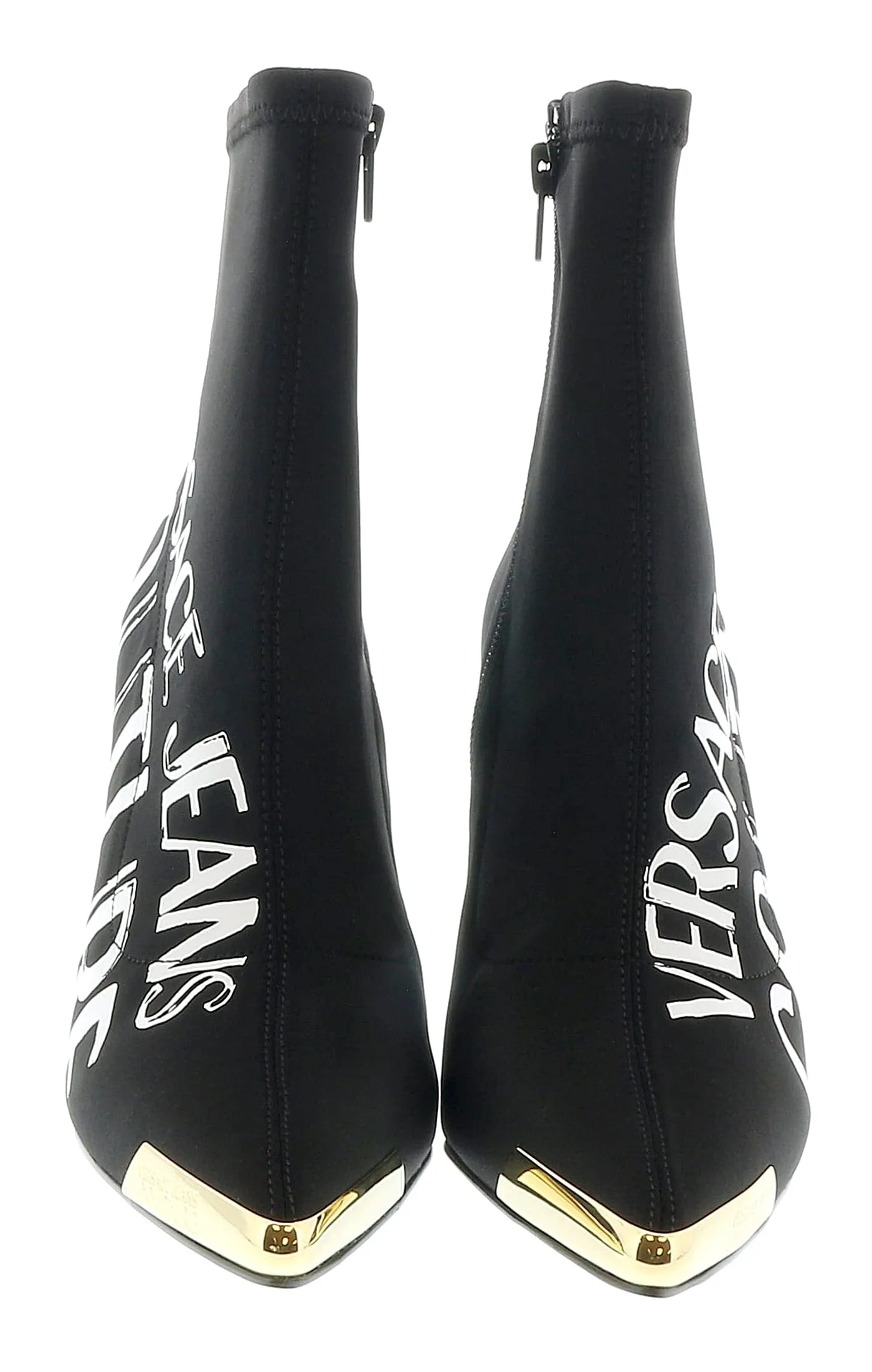 Versace Jeans Couture Black Signature Print Cap Toe High Heel Boots-