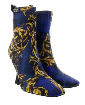 Versace Jeans Couture Blue High Heel Baroque Print Ankle Boots-