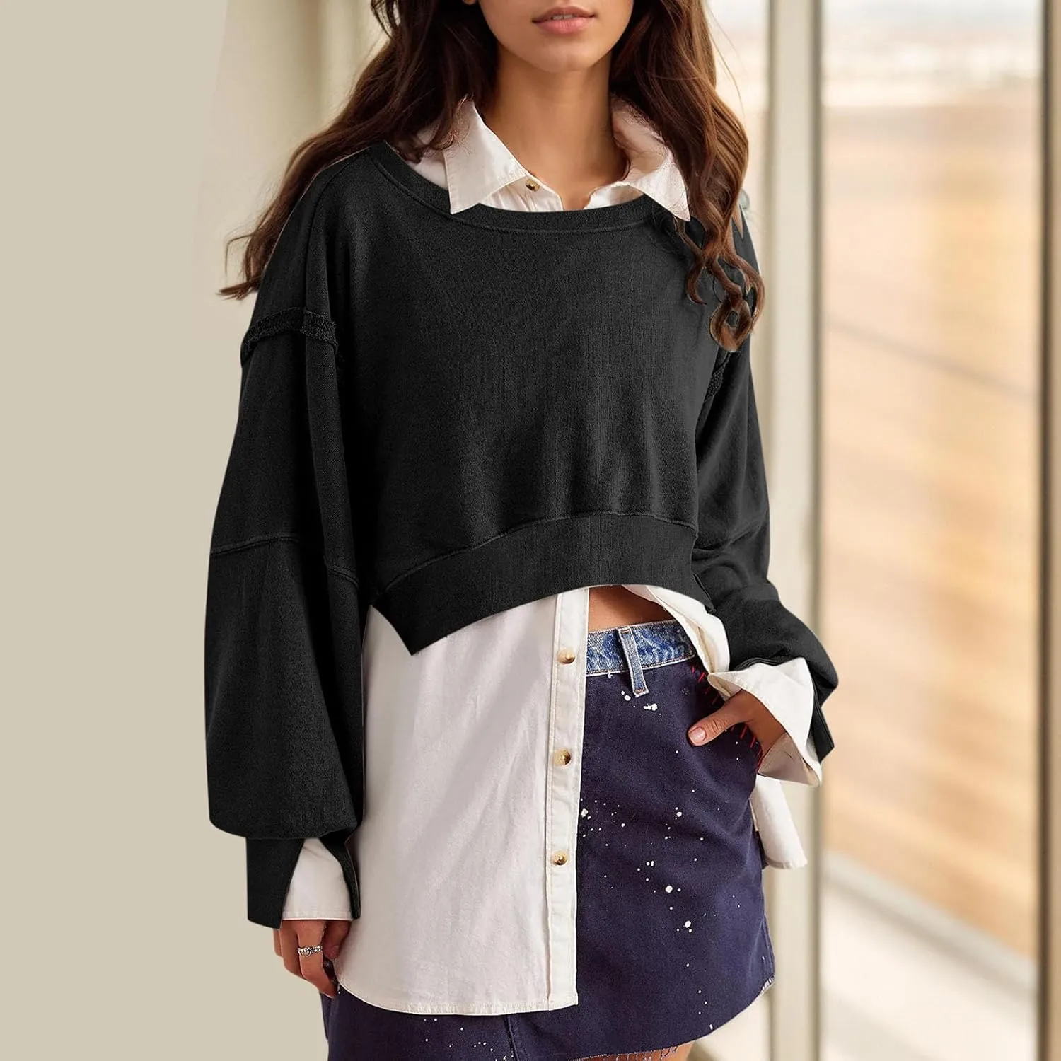 Women Crewneck Cropped Sweatshirt Oversized Causal Pullover Tops No Hood Crop Sweatshirts Trendy 2024 Fall Clothes