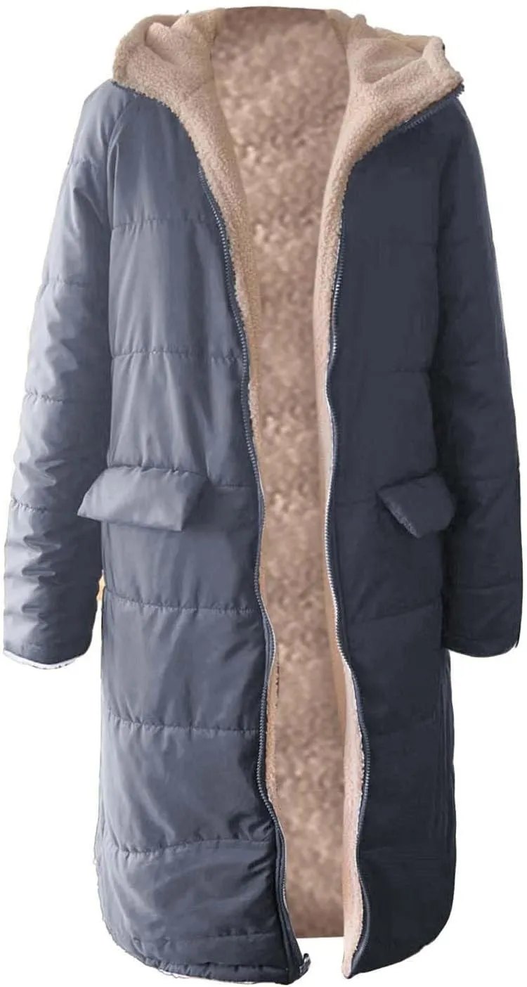 Women's 2024 Winter Fashion Clothes Outerwear with Pockets Hooded Fleece Jacket Full Zip Black Padded Coats