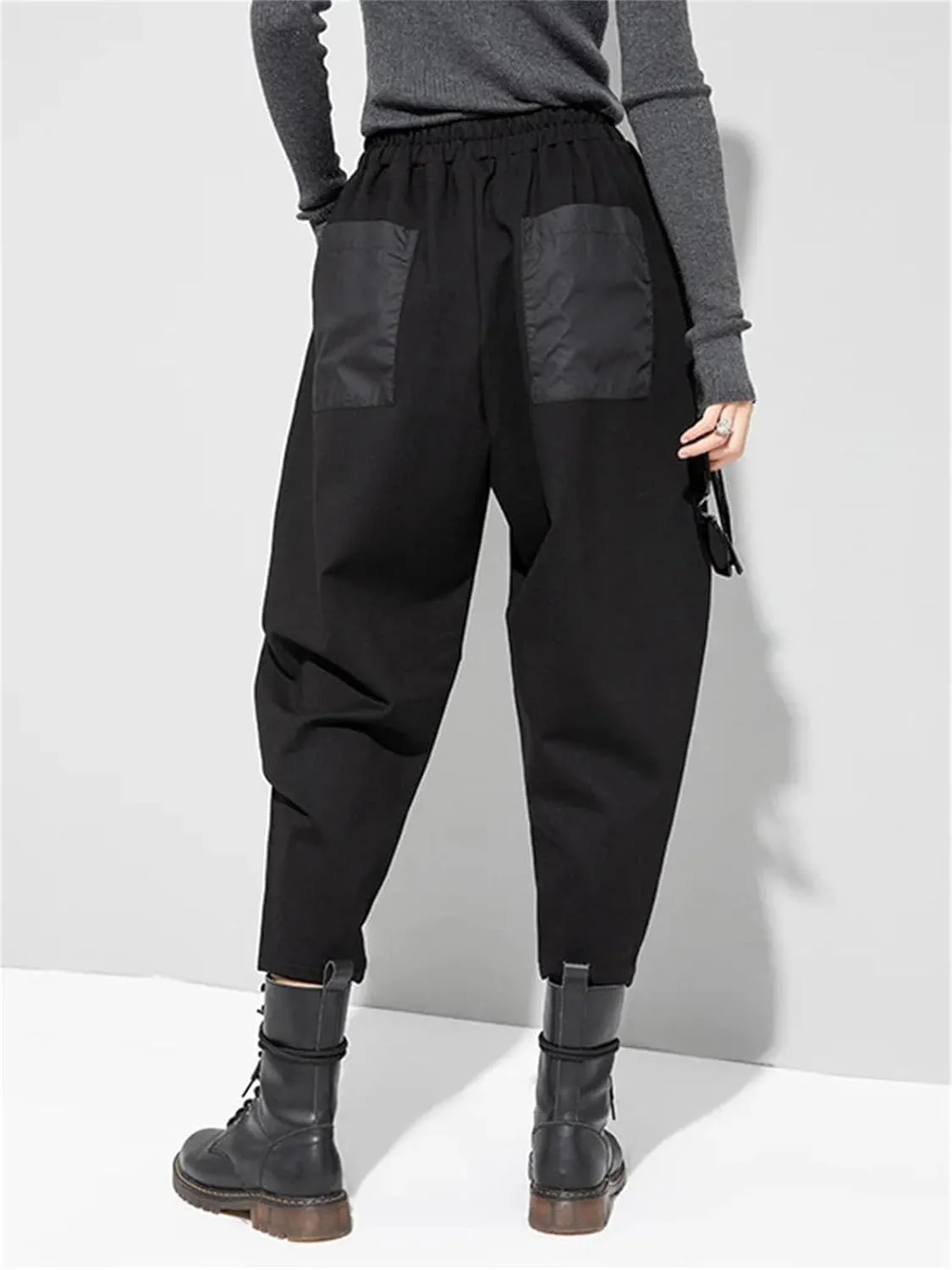 Women’s Black Pocket Harem Pants High Elastic Waist Year-Round Casual Streetwear