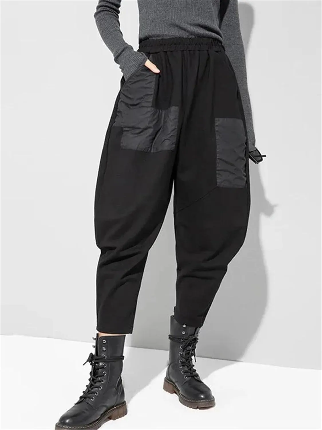 Women’s Black Pocket Harem Pants High Elastic Waist Year-Round Casual Streetwear