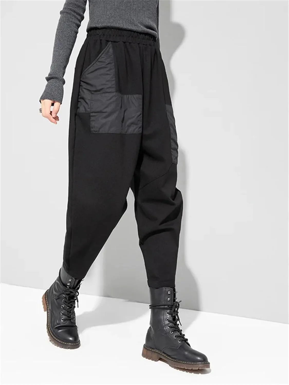 Women’s Black Pocket Harem Pants High Elastic Waist Year-Round Casual Streetwear
