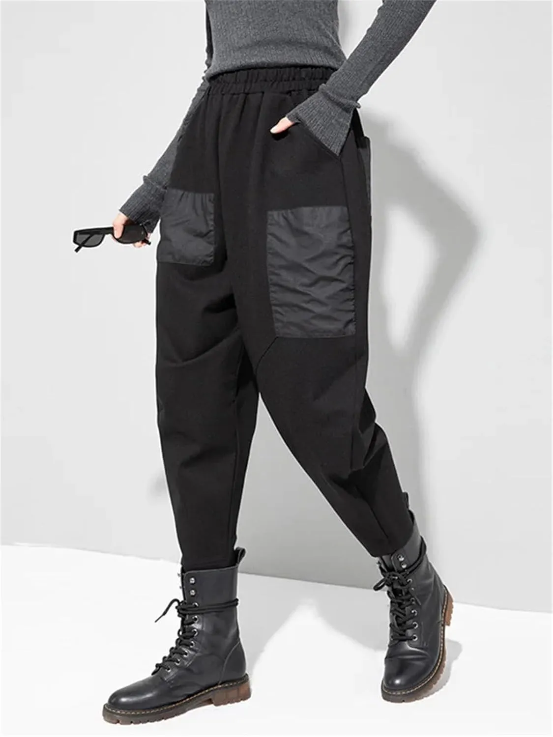 Women’s Black Pocket Harem Pants High Elastic Waist Year-Round Casual Streetwear