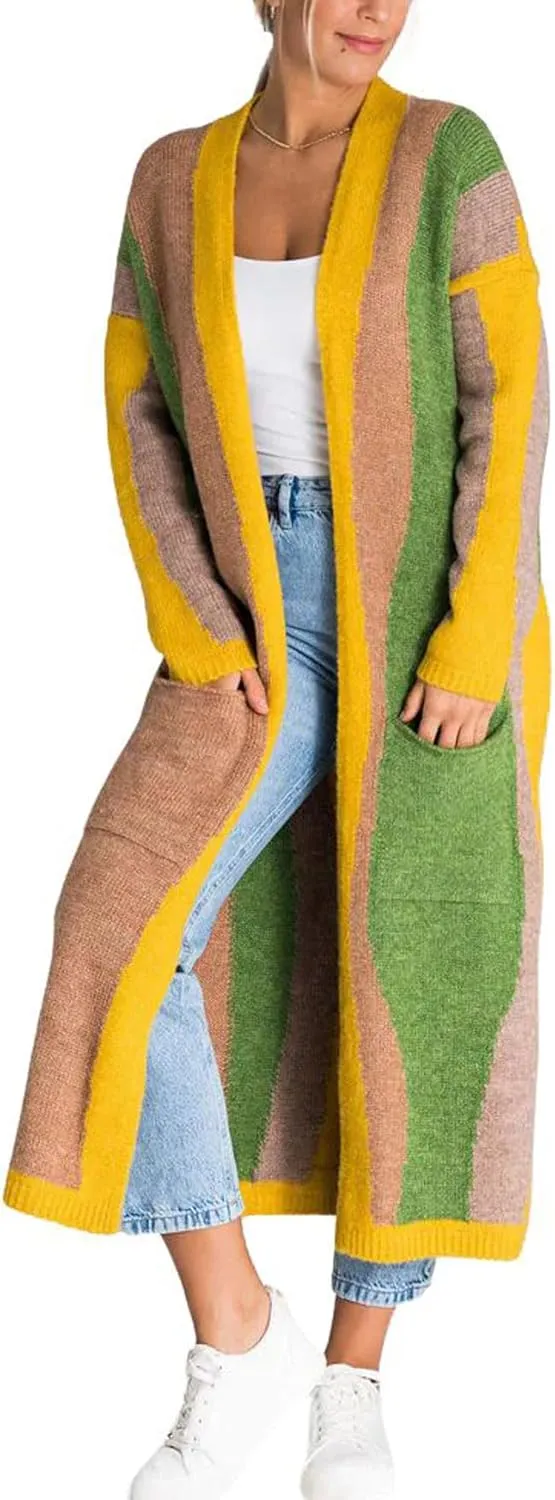 Women's Color Block Vertical Striped Cardigan Sweater Loose Fit Chunky Knit Long Coatigan Coat