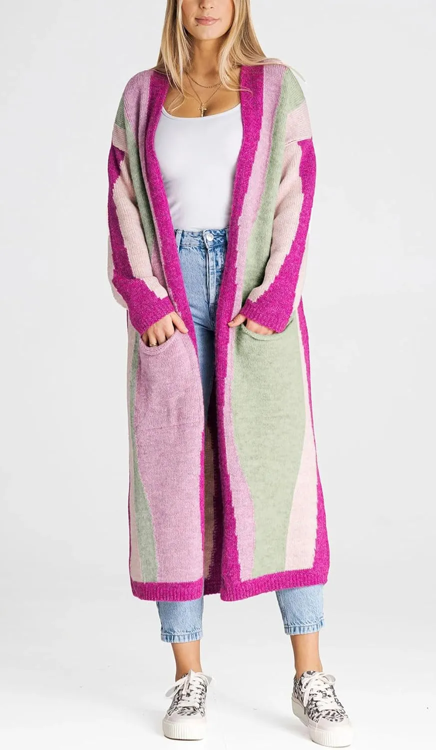 Women's Color Block Vertical Striped Cardigan Sweater Loose Fit Chunky Knit Long Coatigan Coat