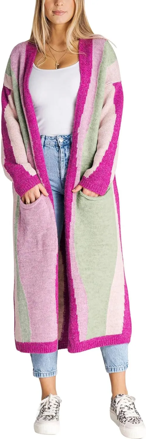Women's Color Block Vertical Striped Cardigan Sweater Loose Fit Chunky Knit Long Coatigan Coat