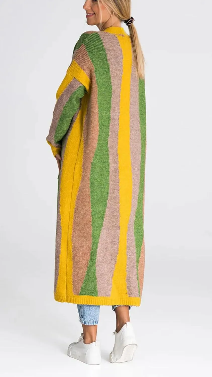Women's Color Block Vertical Striped Cardigan Sweater Loose Fit Chunky Knit Long Coatigan Coat