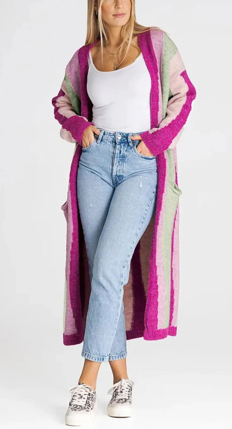 Women's Color Block Vertical Striped Cardigan Sweater Loose Fit Chunky Knit Long Coatigan Coat