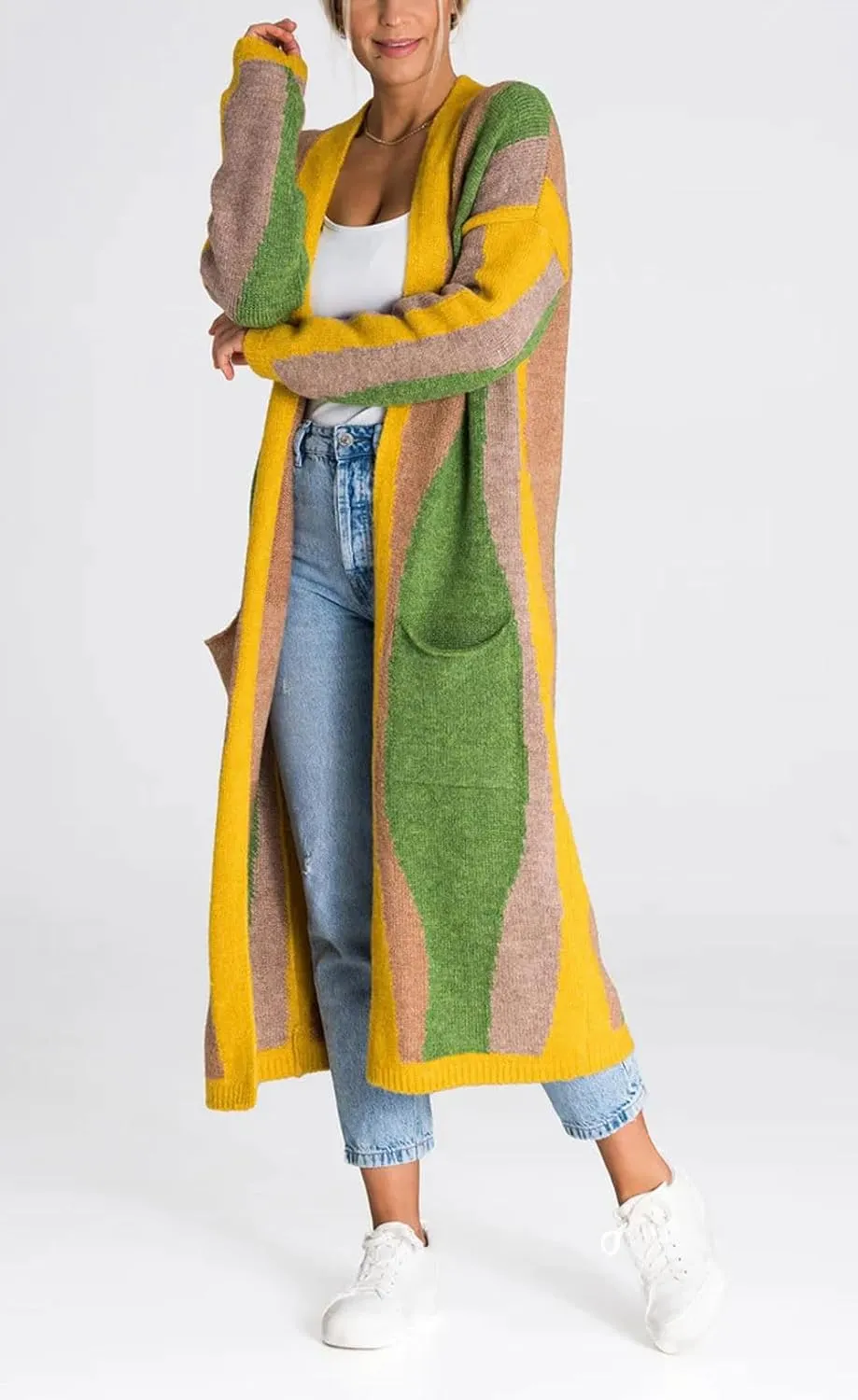Women's Color Block Vertical Striped Cardigan Sweater Loose Fit Chunky Knit Long Coatigan Coat