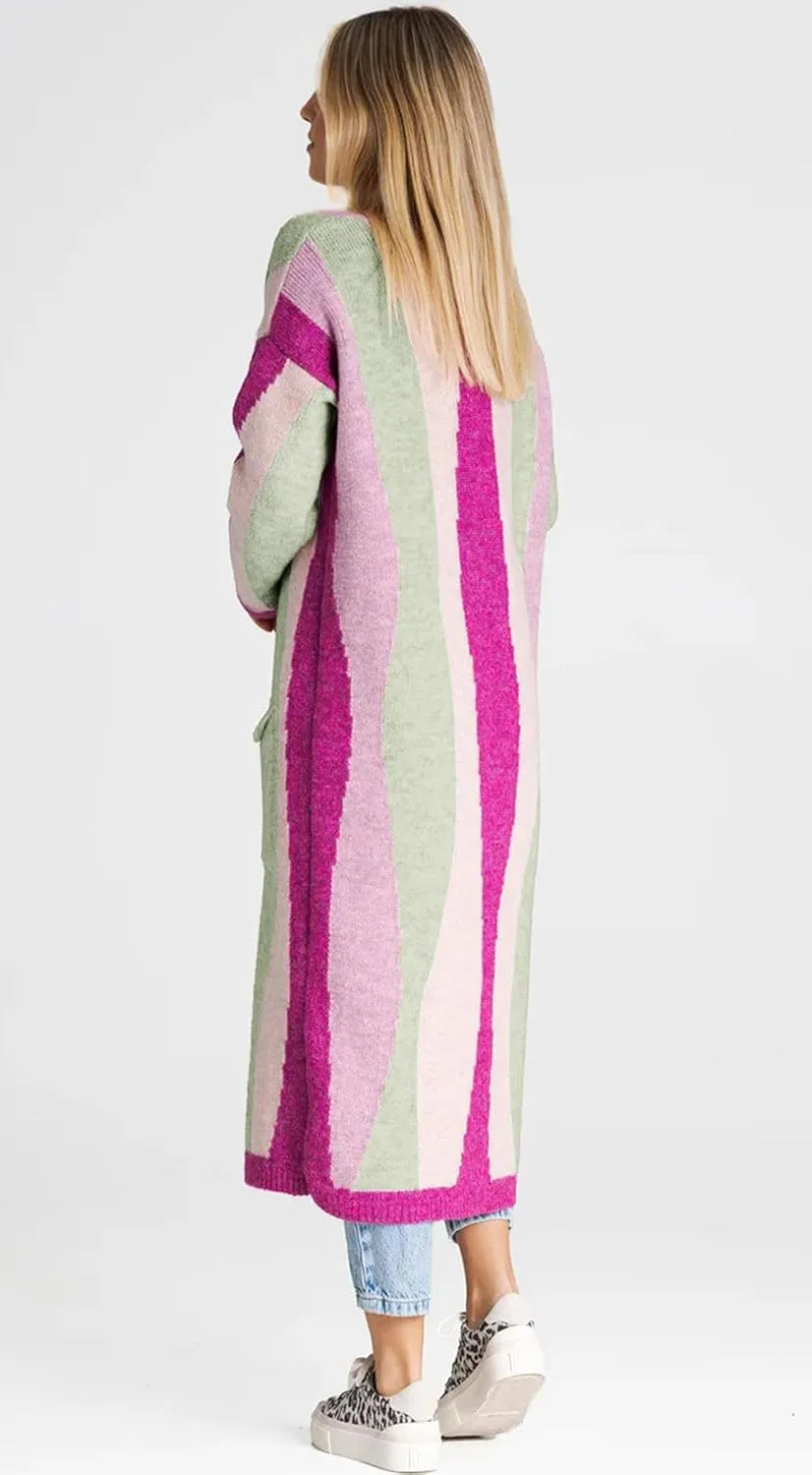 Women's Color Block Vertical Striped Cardigan Sweater Loose Fit Chunky Knit Long Coatigan Coat