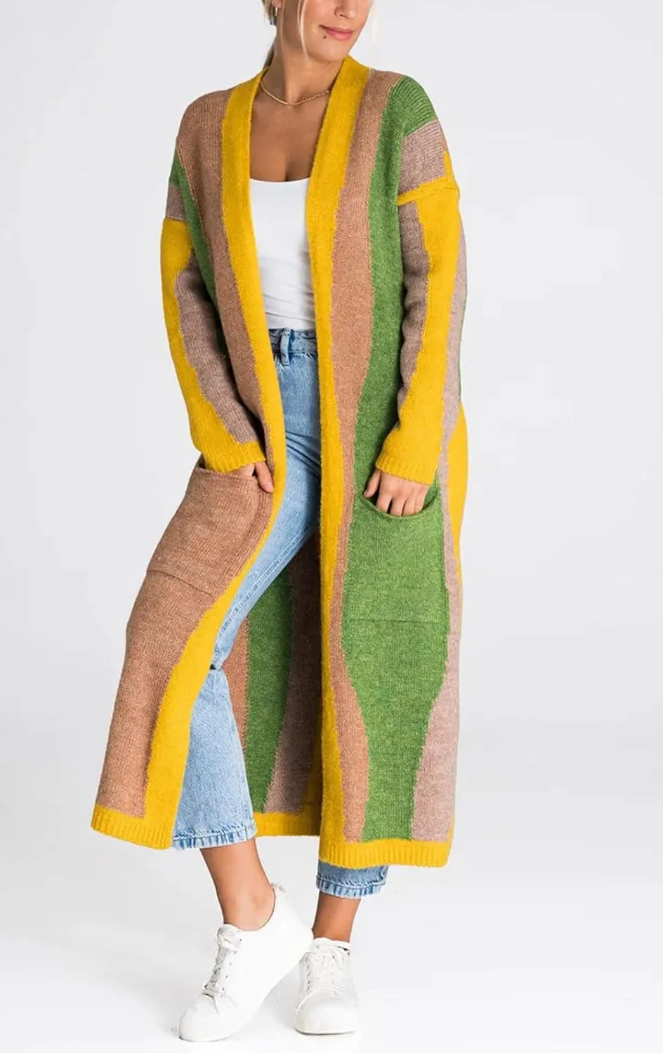 Women's Color Block Vertical Striped Cardigan Sweater Loose Fit Chunky Knit Long Coatigan Coat
