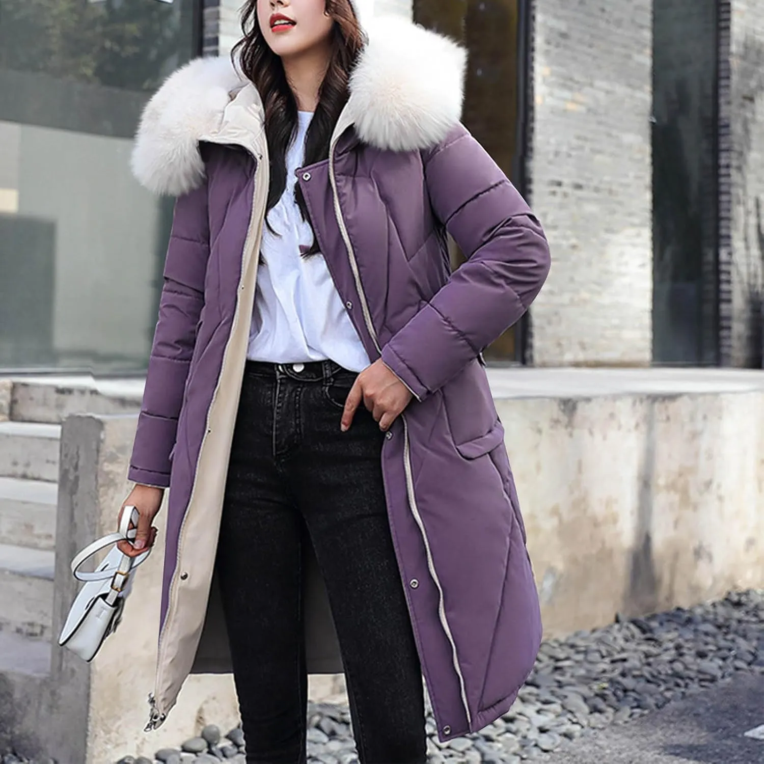 Women's Long Winter Coats Faux Fur Hooded Parkas Down Jackets Full Zip Windbreaker Puffer Coats Snow Warm Overcoat