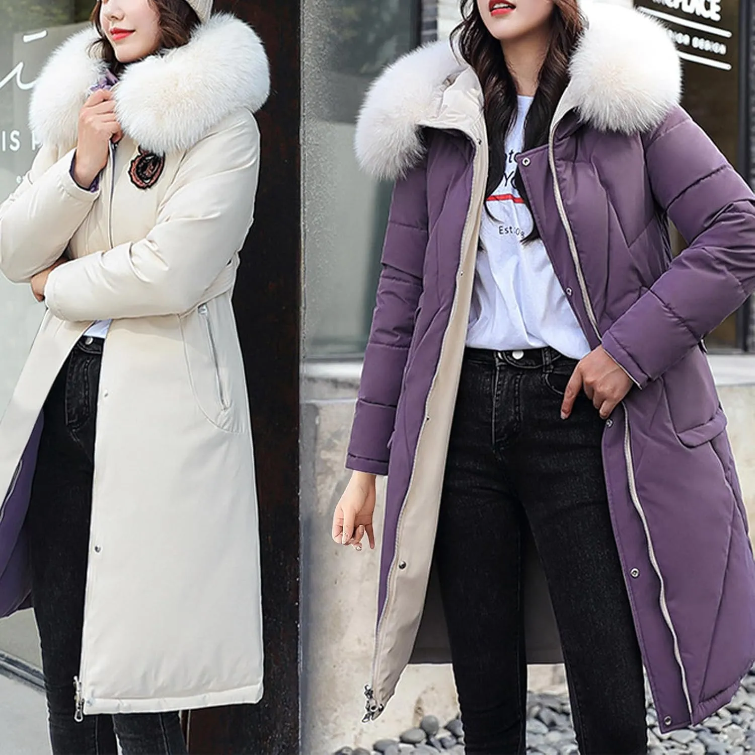 Women's Long Winter Coats Faux Fur Hooded Parkas Down Jackets Full Zip Windbreaker Puffer Coats Snow Warm Overcoat