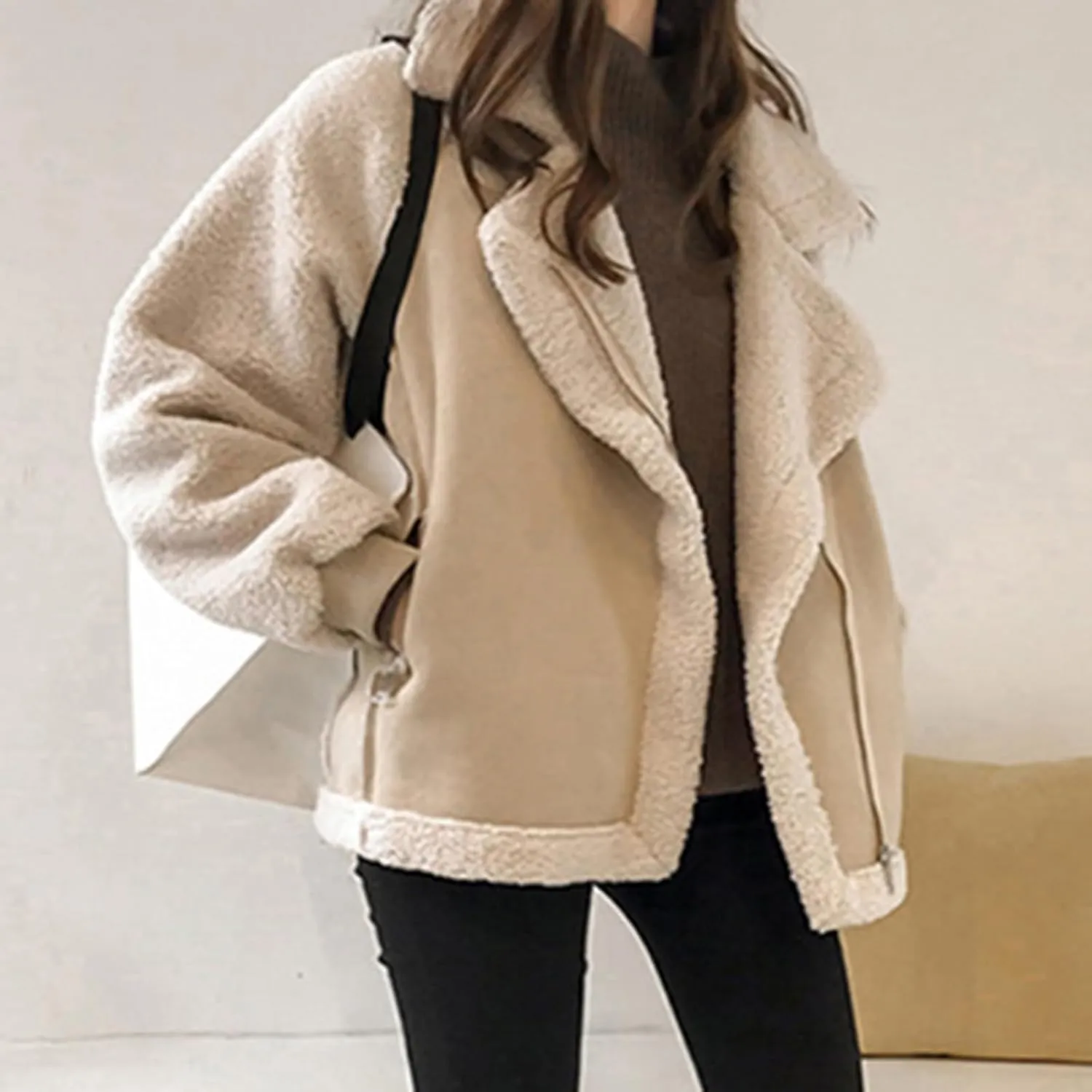 yardsong Women's Sherpa Lined Suede Coats Winter Warm Fuzzy Fleece Cozy Jackets Zip Up Lapel Collar Loose Fit Outwear