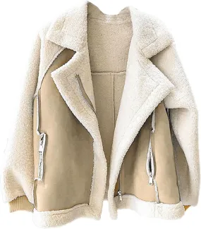 yardsong Women's Sherpa Lined Suede Coats Winter Warm Fuzzy Fleece Cozy Jackets Zip Up Lapel Collar Loose Fit Outwear