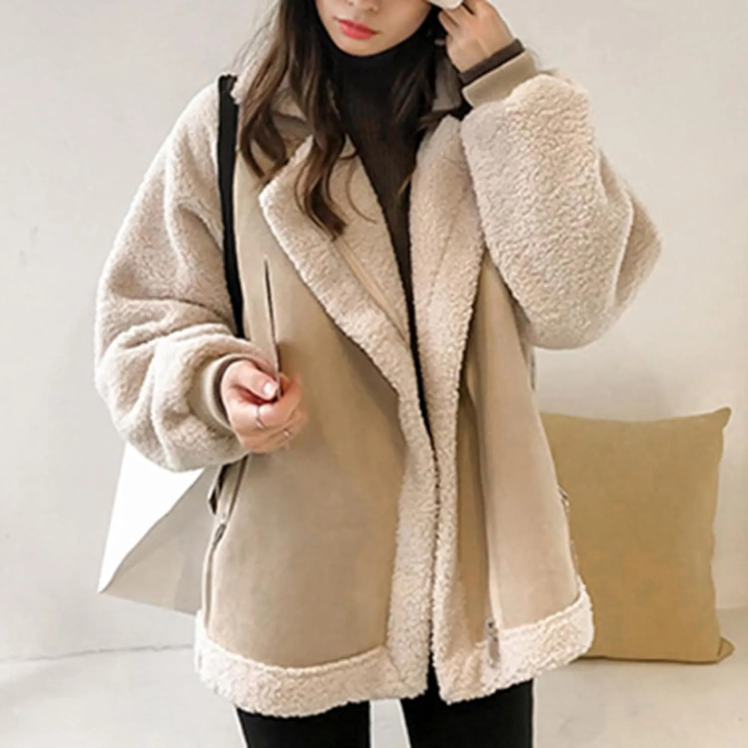 yardsong Women's Sherpa Lined Suede Coats Winter Warm Fuzzy Fleece Cozy Jackets Zip Up Lapel Collar Loose Fit Outwear