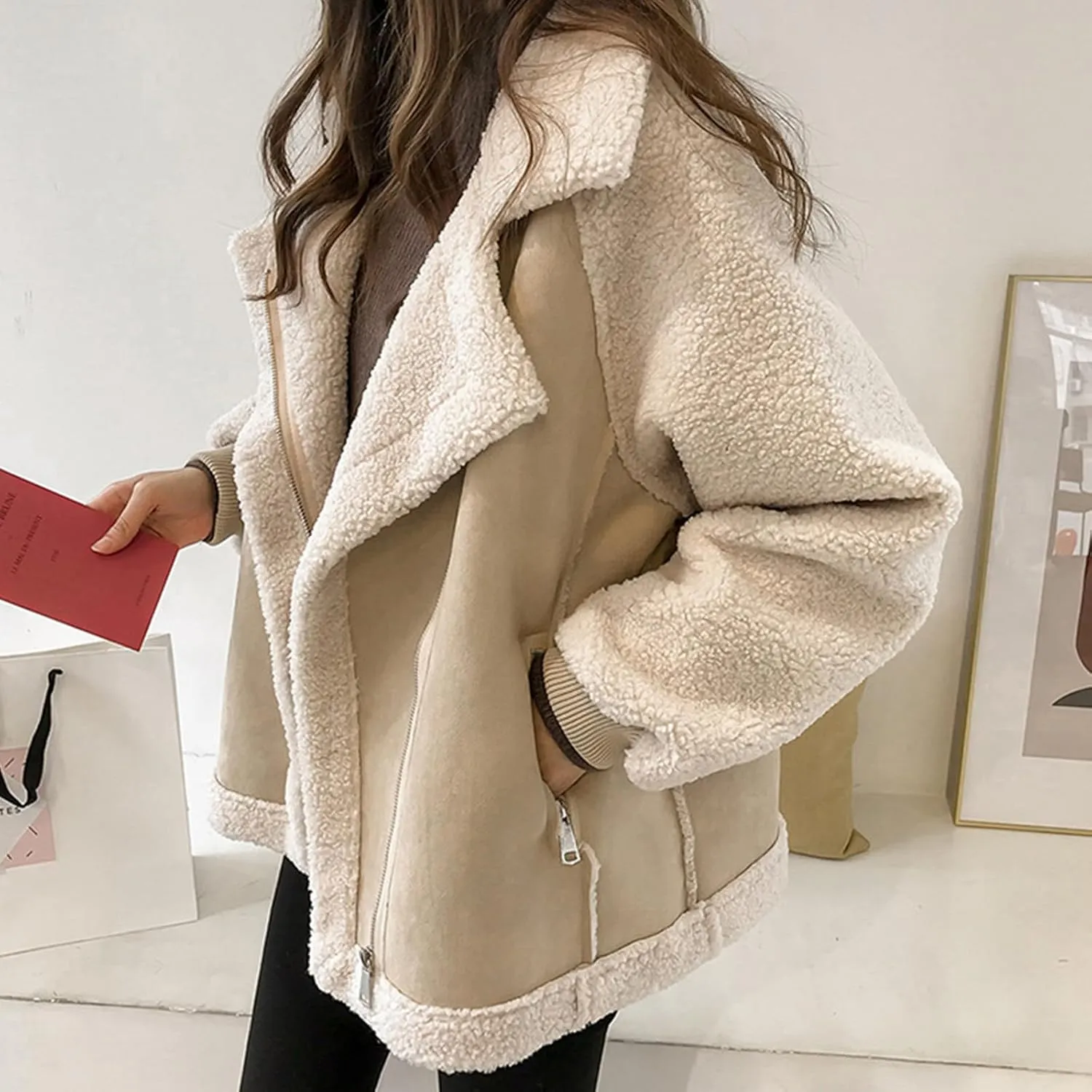 yardsong Women's Sherpa Lined Suede Coats Winter Warm Fuzzy Fleece Cozy Jackets Zip Up Lapel Collar Loose Fit Outwear