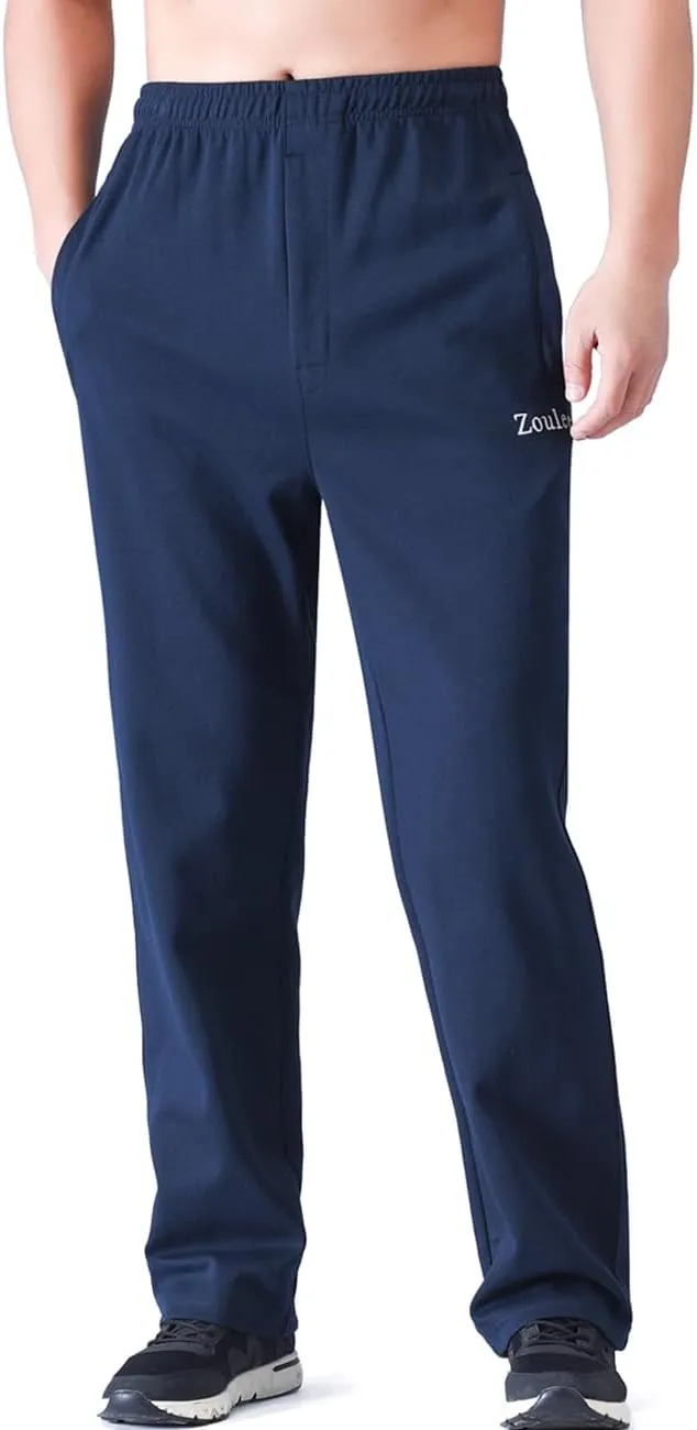 Zoulee Men's Open-Bottom Cotton Track Pants Sweatpants Jogging Pants with Zip Fly